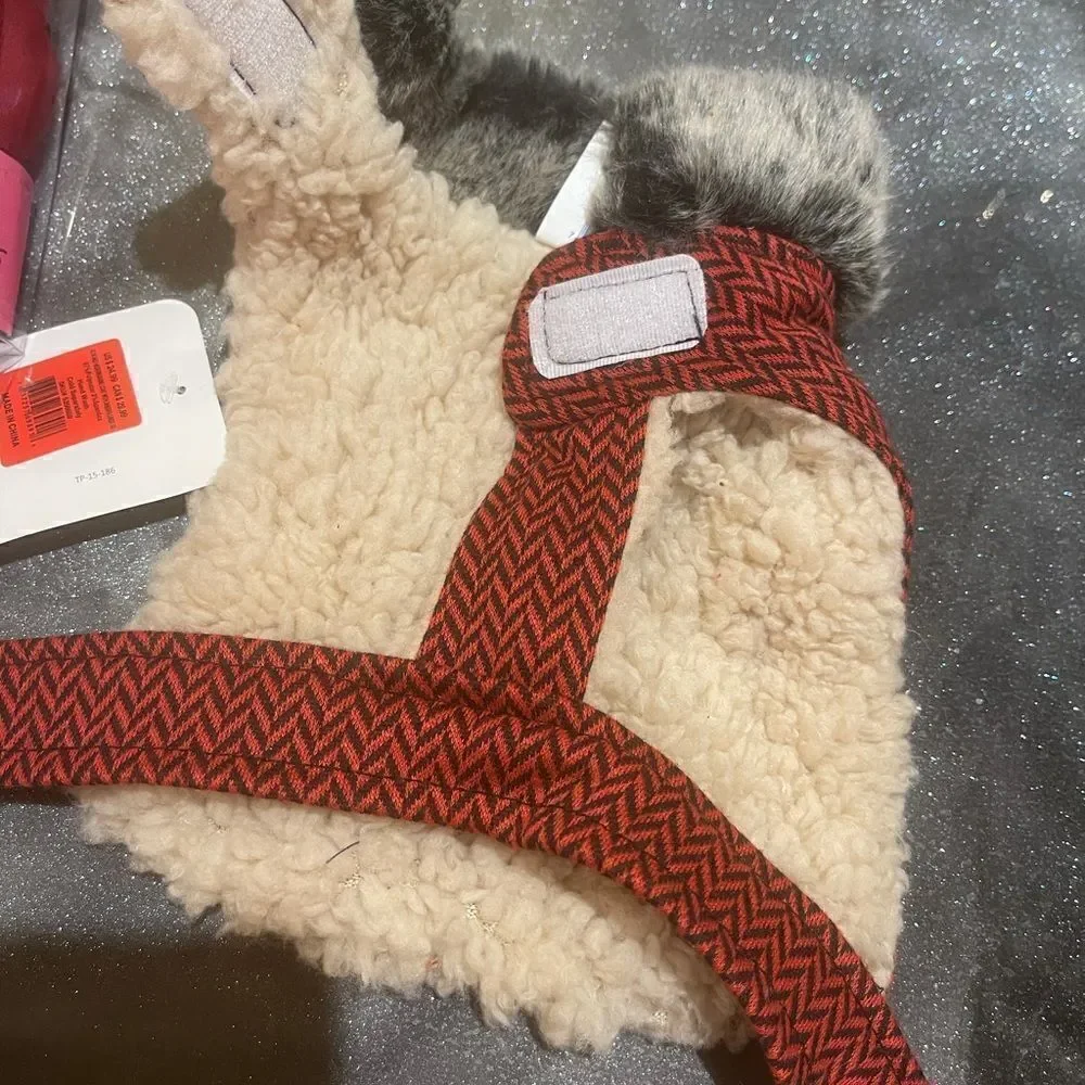 RED TWEED Harness Pet Jacket Vest w Faux Fur & Wooly Trim!